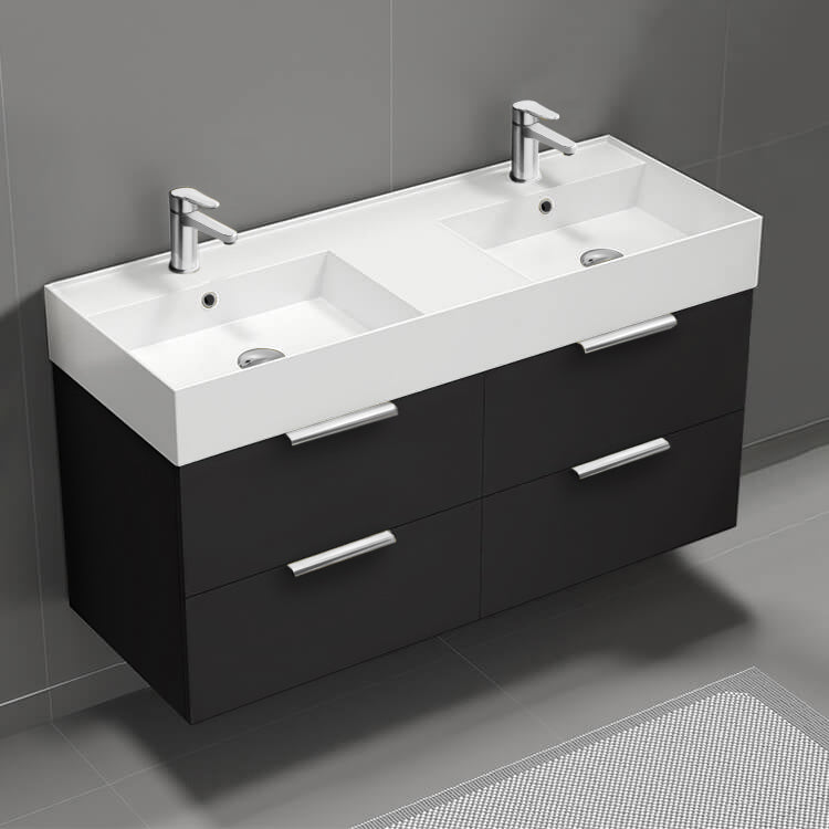 Double Bathroom Vanity, Wall Mount, 48", Matte Black