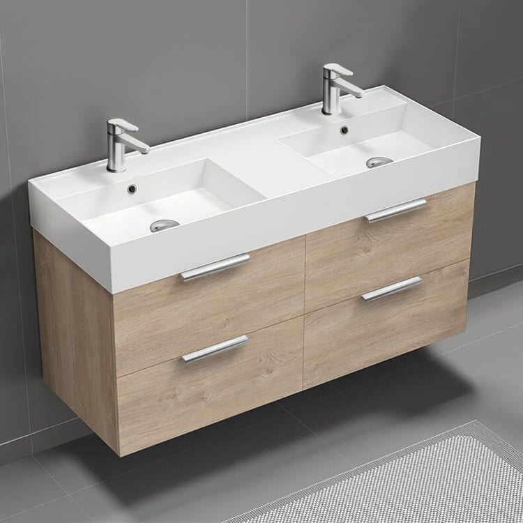 48" Bathroom Vanity, Double Sink, Wall Mount, Modern, Brown Oak