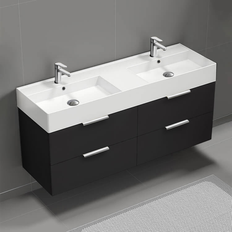 56" Bathroom Vanity, Double Sink, Wall Mounted, Modern, Matte Black