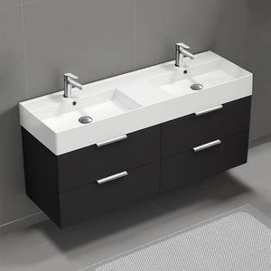 56" Bathroom Vanity, Double Sink, Wall Mounted, Modern, Matte Black