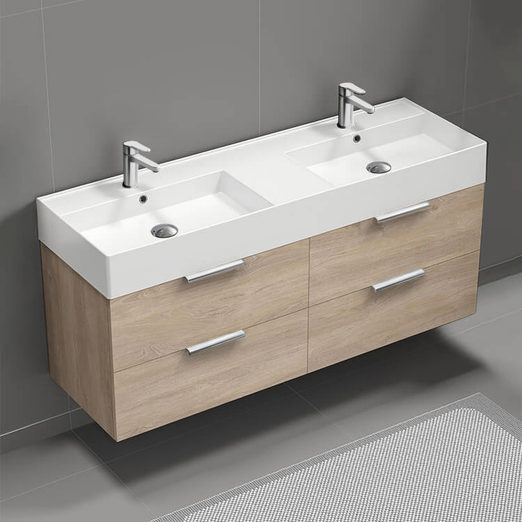 Double Bathroom Vanity, Wall Mounted, 56", Brown Oak
