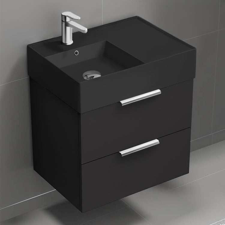Black Bathroom Vanity With Black Sink, Modern, Wall Mounted, 24"
