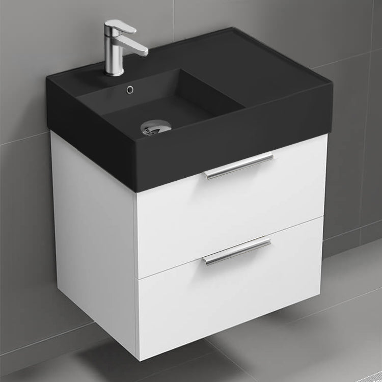 Modern Bathroom Vanity With Black Sink, Wall Mount, 24", Glossy White