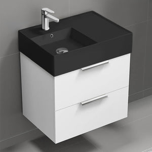 Modern Bathroom Vanity With Black Sink, Wall Mount, 24", Glossy White