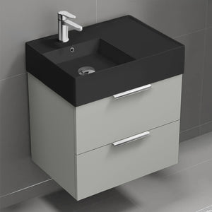 24" Bathroom Vanity With Black Sink, Modern, Wall Mount, Grey Mist