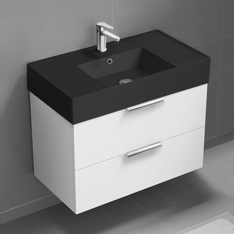 32" Bathroom Vanity With Black Sink, Modern, Wall Mount, Glossy White