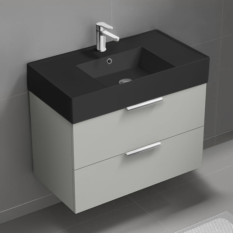 Wall Mounted Bathroom Vanity With Black Sink, Modern, 32", Grey Mist
