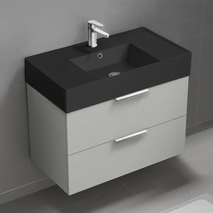 Wall Mounted Bathroom Vanity With Black Sink, Modern, 32", Grey Mist