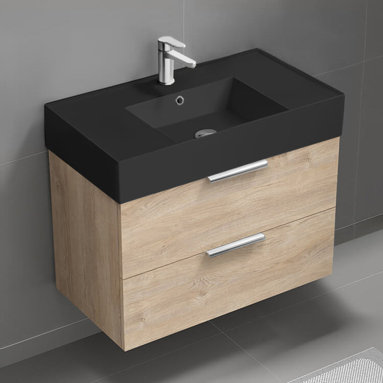 Modern Bathroom Vanity With Black Sink, Wall Mounted, Single, 32", Brown Oak