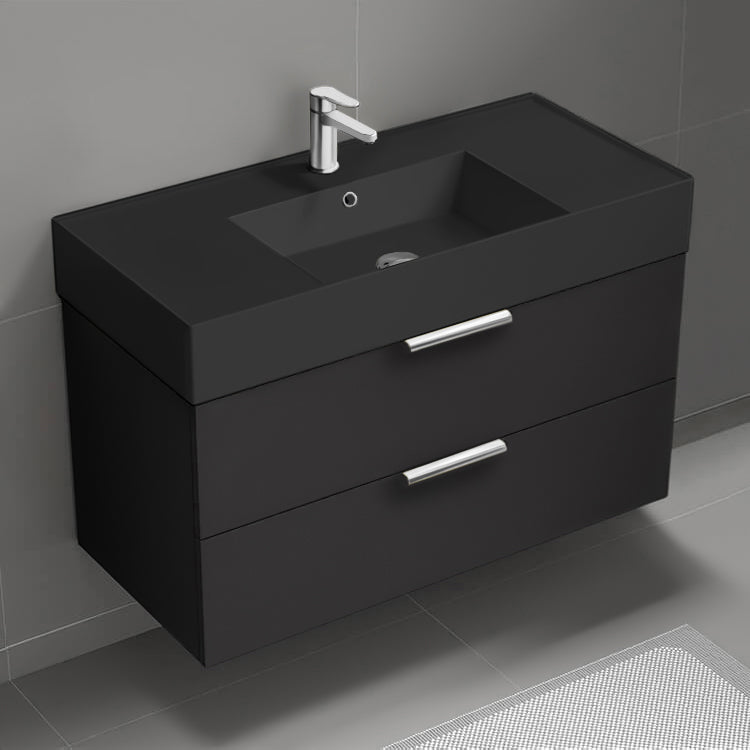 Wall Mounted Bathroom Vanity With Black Sink, Modern, Single, 40", Matte Black