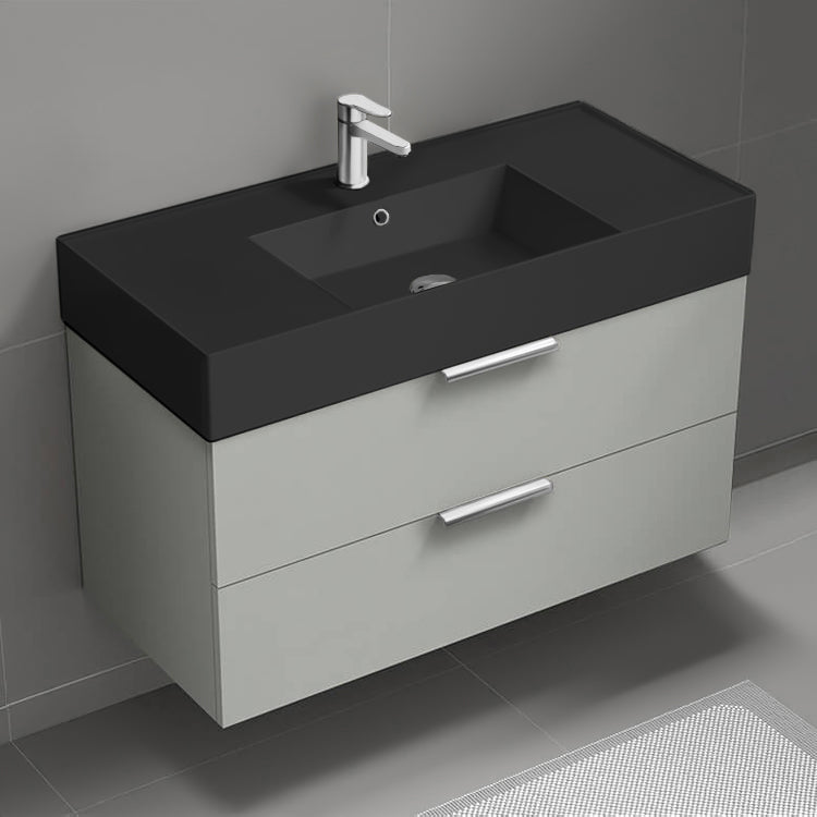 40" Bathroom Vanity With Black Sink, Wall Mounted, Grey Mist