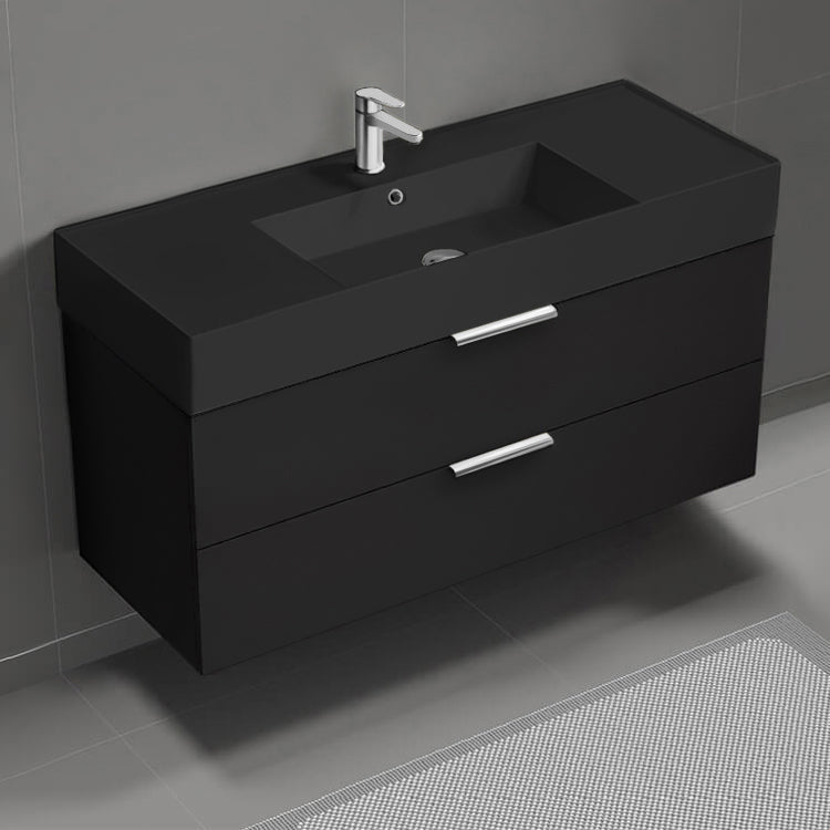 Modern Bathroom Vanity With Black Sink, Wall Mount, 48", Matte Black