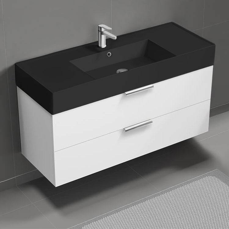 Modern Bathroom Vanity With Black Sink, Wall Mounted, 48", Glossy White