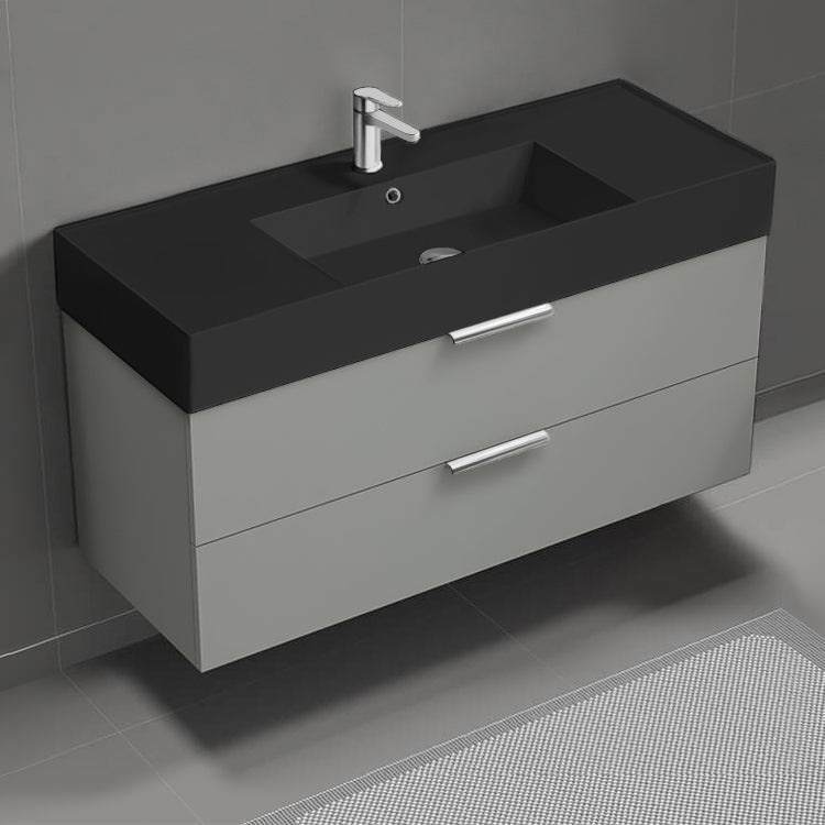 Modern Bathroom Vanity With Black Sink, Wall Mounted, 48", Grey Mist