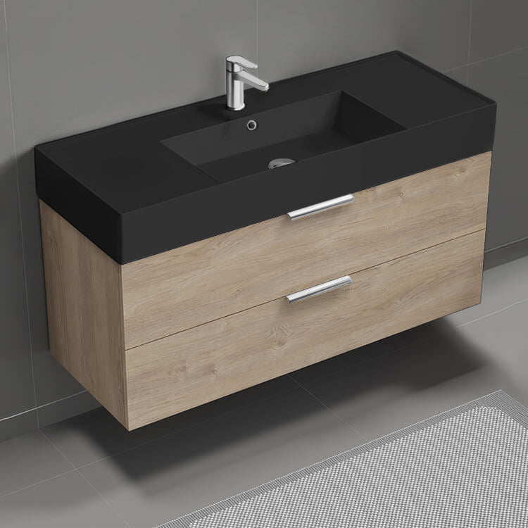 48" Bathroom Vanity With Black Sink, Floating, Brown Oak