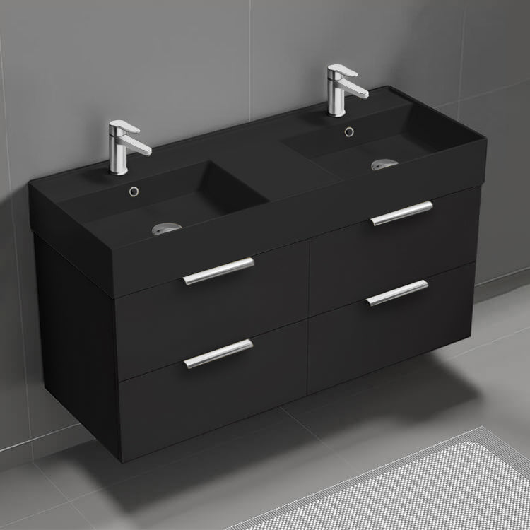 Double Bathroom Vanity With Black Sink, Wall Mount, 48", Matte Black