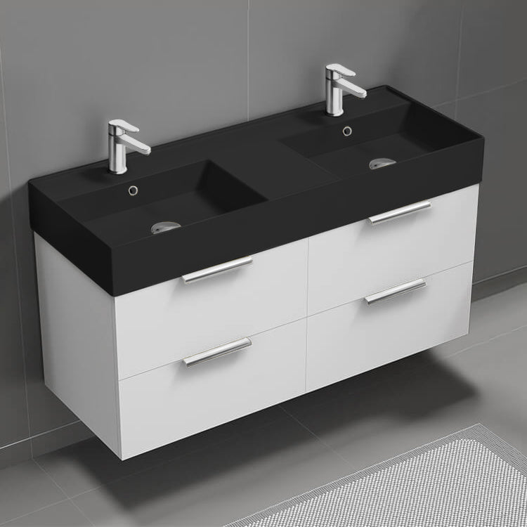 48" Bathroom Vanity With Black Sink, Double Sink, Modern, Wall Mounted, Glossy White