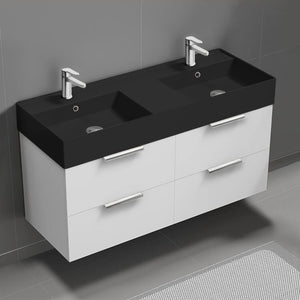 48" Bathroom Vanity With Black Sink, Double Sink, Modern, Wall Mounted, Glossy White