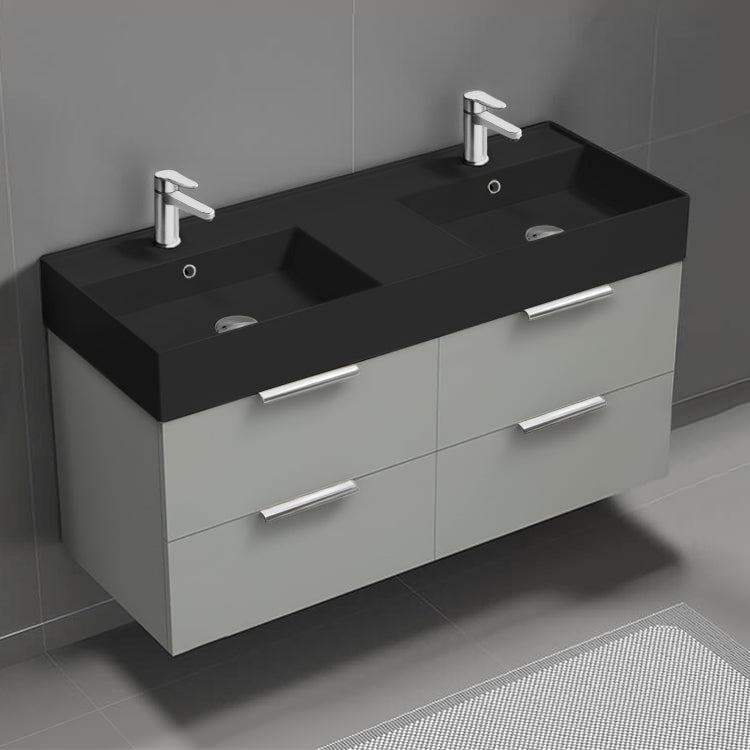 48" Bathroom Vanity With Black Sink, Double Sink, Floating, Modern, Grey Mist