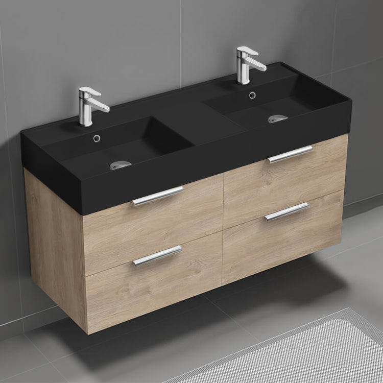 48" Bathroom Vanity With Black Sink, Double Sink, Wall Mount, Modern, Brown Oak