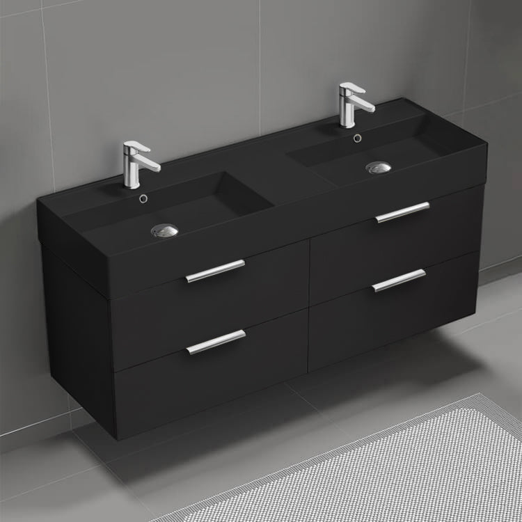 56" Bathroom Vanity With Black Sink, Double Sink, Wall Mounted, Modern, Matte Black