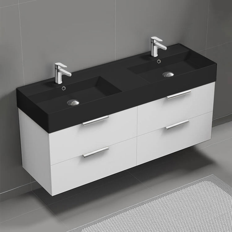 56" Bathroom Vanity With Black Sink, Double Sink, Wall Mount, Modern, Glossy White