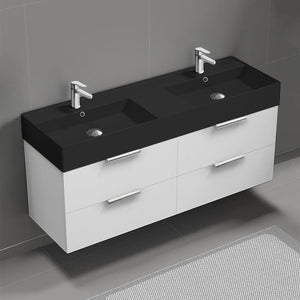 56" Bathroom Vanity With Black Sink, Double Sink, Wall Mount, Modern, Glossy White
