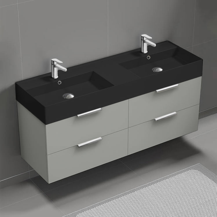 Double Bathroom Vanity With Black Sink, Floating, 56", Grey Mist