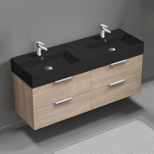 Double Bathroom Vanity With Black Sink, Wall Mounted, 56", Brown Oak