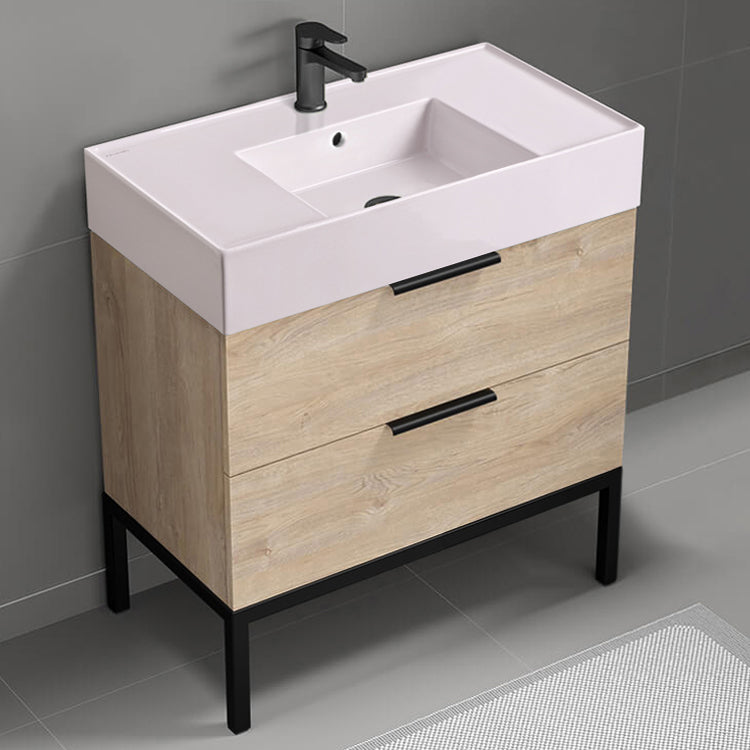 Pink Sink Bathroom Vanity, Modern, Free Standing, 32", Brown Oak