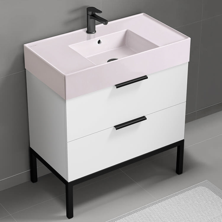 Pink Sink Bathroom Vanity, Modern, Floor Standing, 32", Glossy White