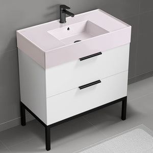 Pink Sink Bathroom Vanity, Modern, Floor Standing, 32", Glossy White