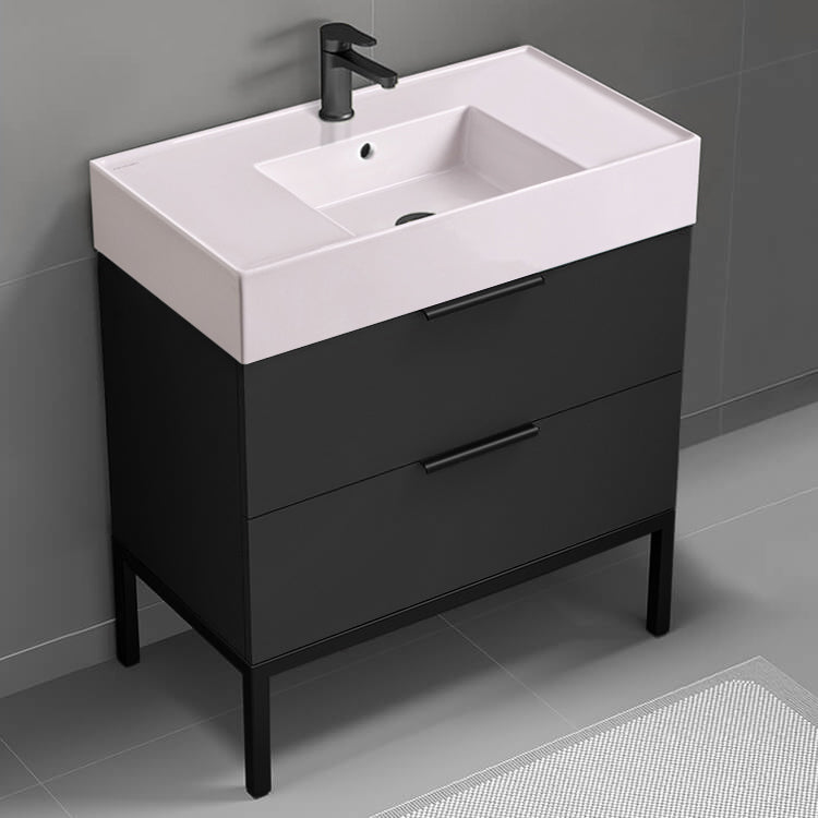 Pink Sink Bathroom Vanity, Matte Black, Modern, Free Standing, 32"