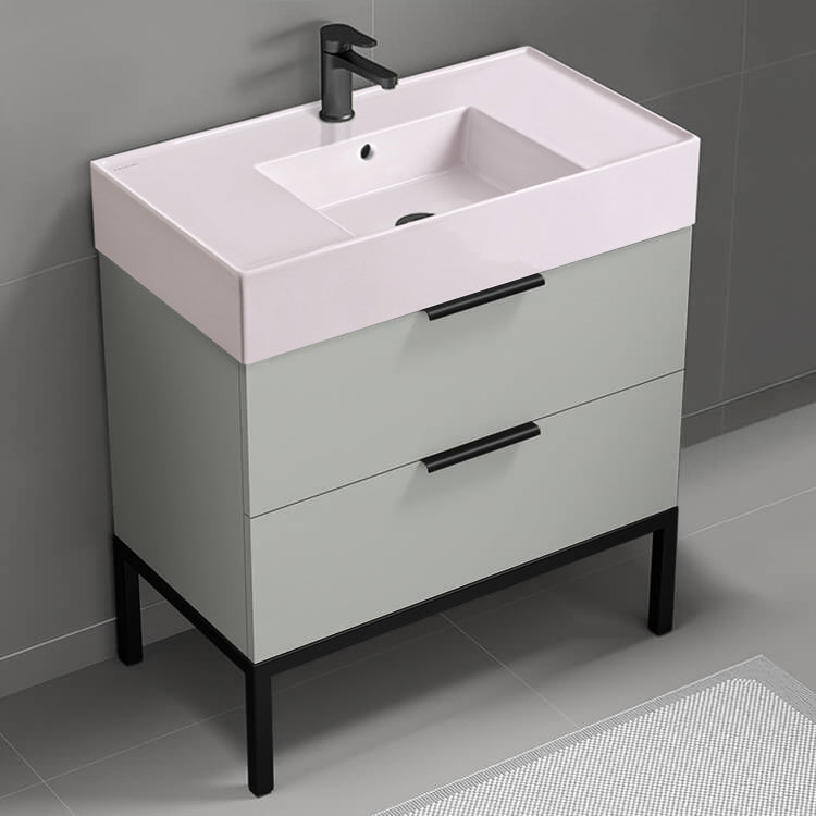 Pink Sink Bathroom Vanity, Modern, Floor Standing, 32", Grey Mist