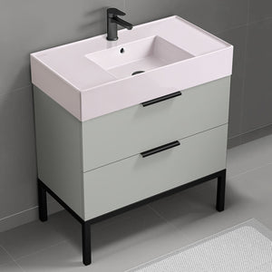 Pink Sink Bathroom Vanity, Modern, Floor Standing, 32", Grey Mist