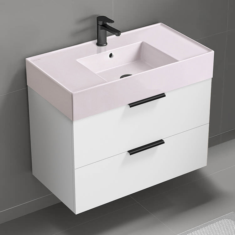 Pink Sink Bathroom Vanity, 32", Modern, Wall Mount, Glossy White