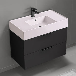 Pink Sink Bathroom Vanity, Matte Black, Floating, Modern, 32"