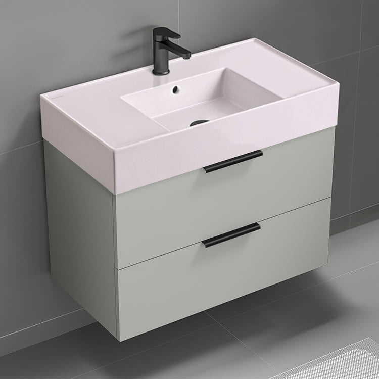 Pink Sink Bathroom Vanity, Wall Mounted, Modern, 32", Grey Mist