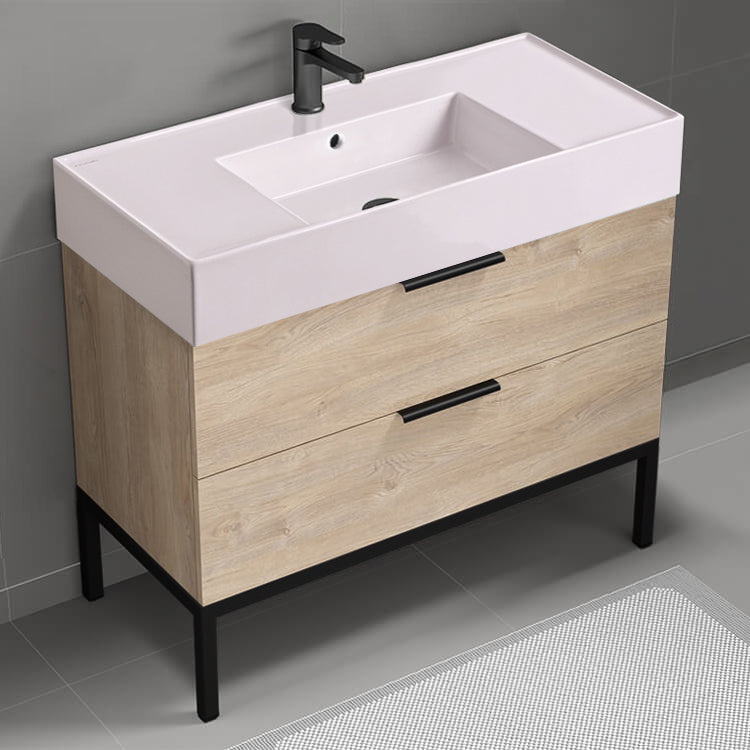 Pink Sink Bathroom Vanity, Modern, Floor Standing, 40", Brown Oak