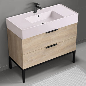 Pink Sink Bathroom Vanity, Modern, Floor Standing, 40", Brown Oak
