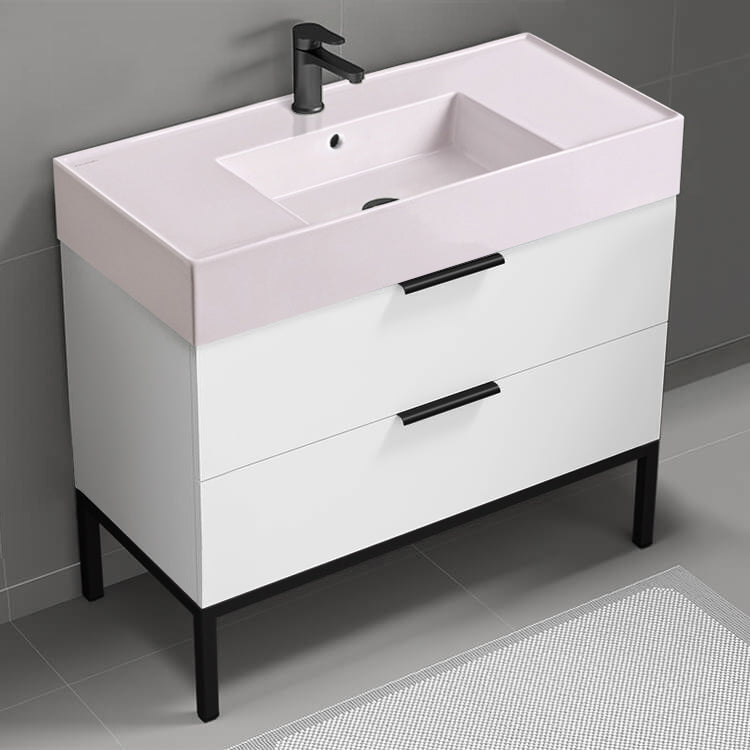 Pink Sink Bathroom Vanity, Modern, 40", Glossy White