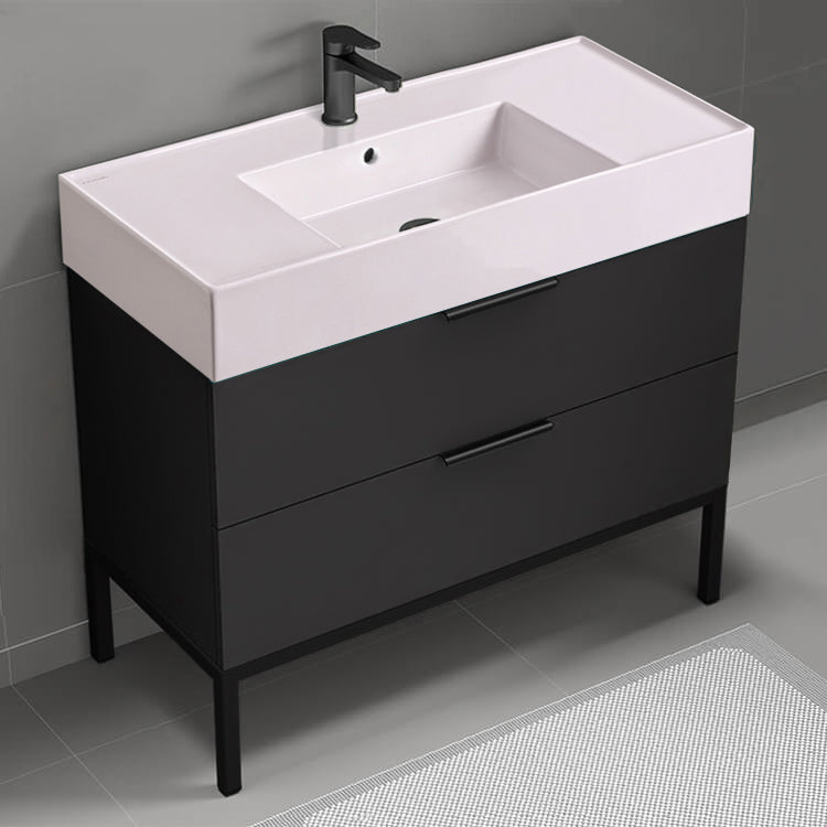 Pink Sink Bathroom Vanity, 40", Floor Standing, Modern, Matte Black