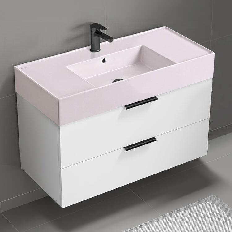 Pink Sink Bathroom Vanity, Floating, Modern, 40", Glossy White