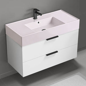 Pink Sink Bathroom Vanity, Floating, Modern, 40", Glossy White