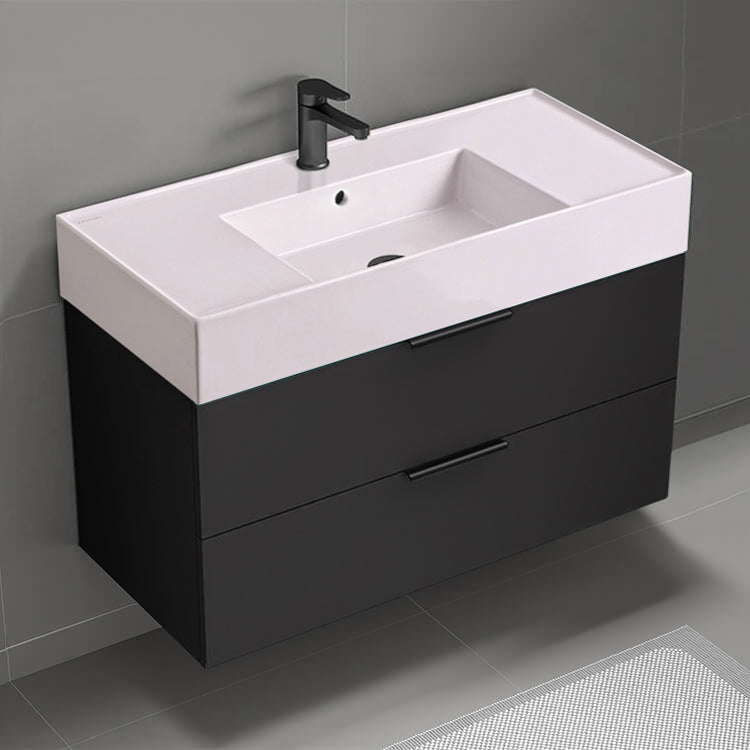 Pink Sink Bathroom Vanity, Wall Mounted, Modern, Single, 40", Matte Black