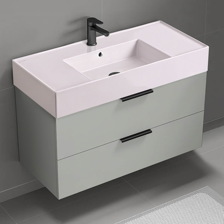 Pink Sink Bathroom Vanity, 40", Wall Mounted, Grey Mist