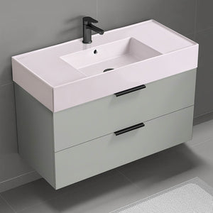 Pink Sink Bathroom Vanity, 40", Wall Mounted, Grey Mist