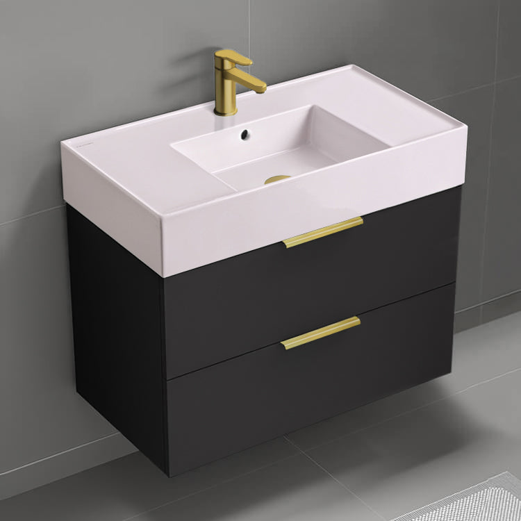 Pink Sink Bathroom Vanity, Matte Black, Floating, Modern, 32"