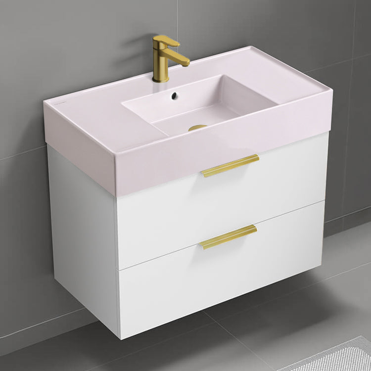 Pink Sink Bathroom Vanity, 32", Modern, Wall Mount, Glossy White