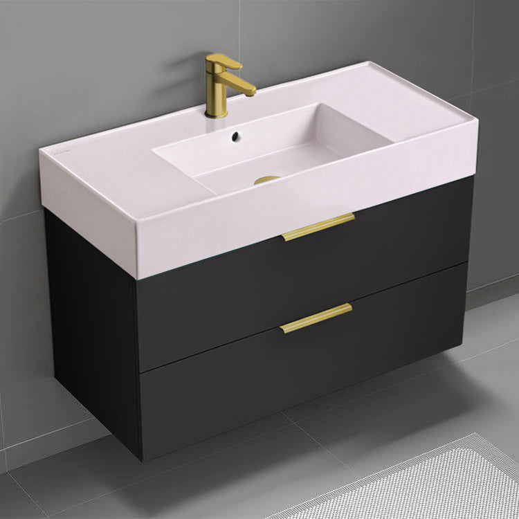 Pink Sink Bathroom Vanity, Wall Mounted, Modern, Single, 40", Matte Black